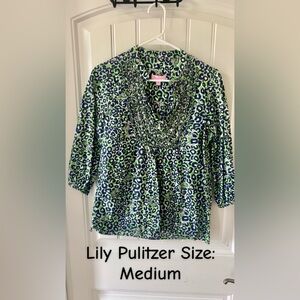Lilly Pulitzer Vibrant Green and Blue Animal Print Blouse